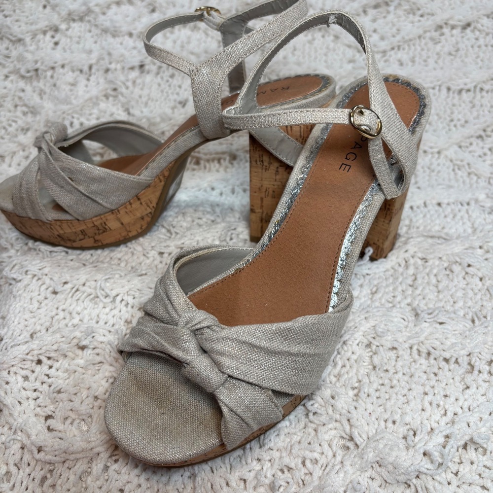 Rampage Marcia Silver Shimmer Knotted Bow Cork Block‎ Heel Platform Sandals 8